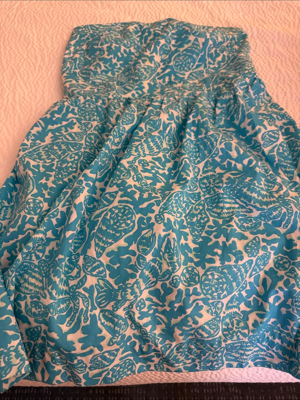 Lilly Pulitzer Turquoise and White Strapless A-Line dress with Shell Print
